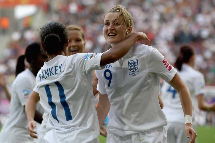 Ellen White celebrates her goal against Japan in the 2011 World Cup.